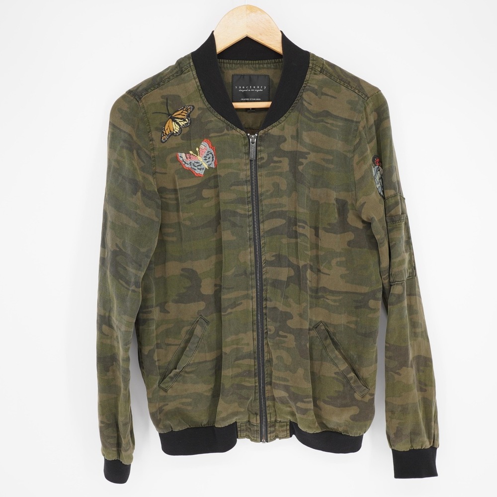 Sanctuary Jacket Womens Small Green Camo Bomber Embroidered Butterfly Zip Army